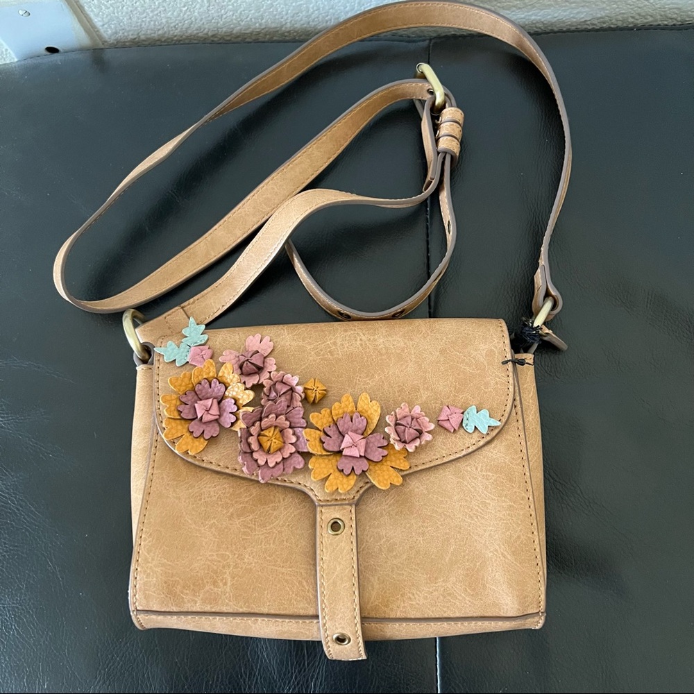 Women's Tan Floral Appliqué Crossbody Bag